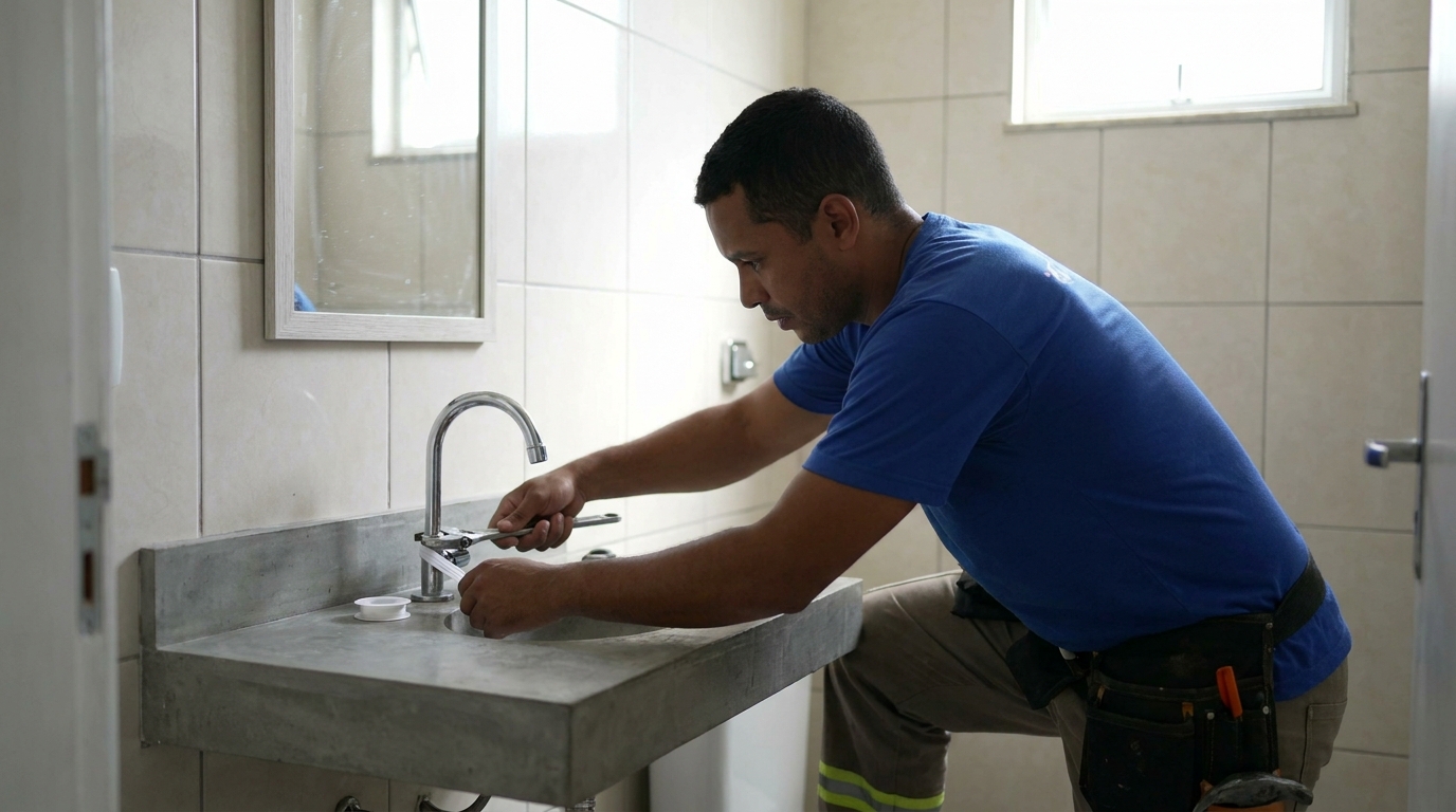 Encanador instalando torneira em Recife‑PE