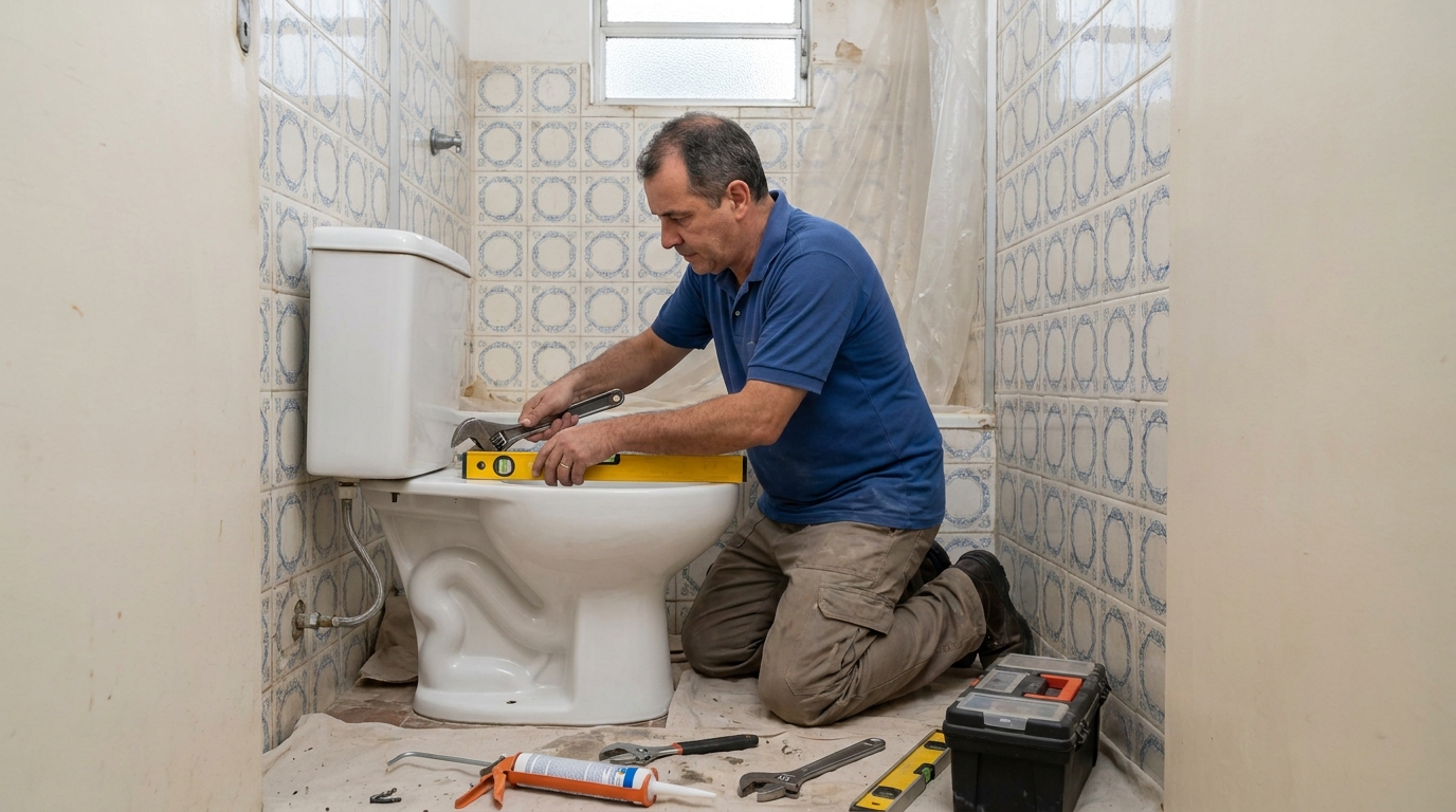 Técnico instalando vaso sanitário em Recife‑PE